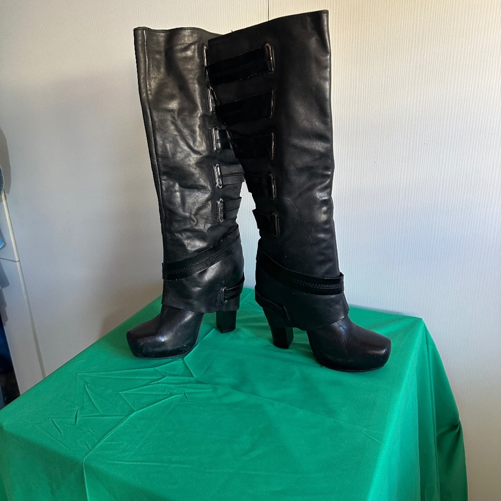 JESSICA SIMPSON WESTERN STYLE FOLD OVER BLACK TALL LEATHER BOOTS